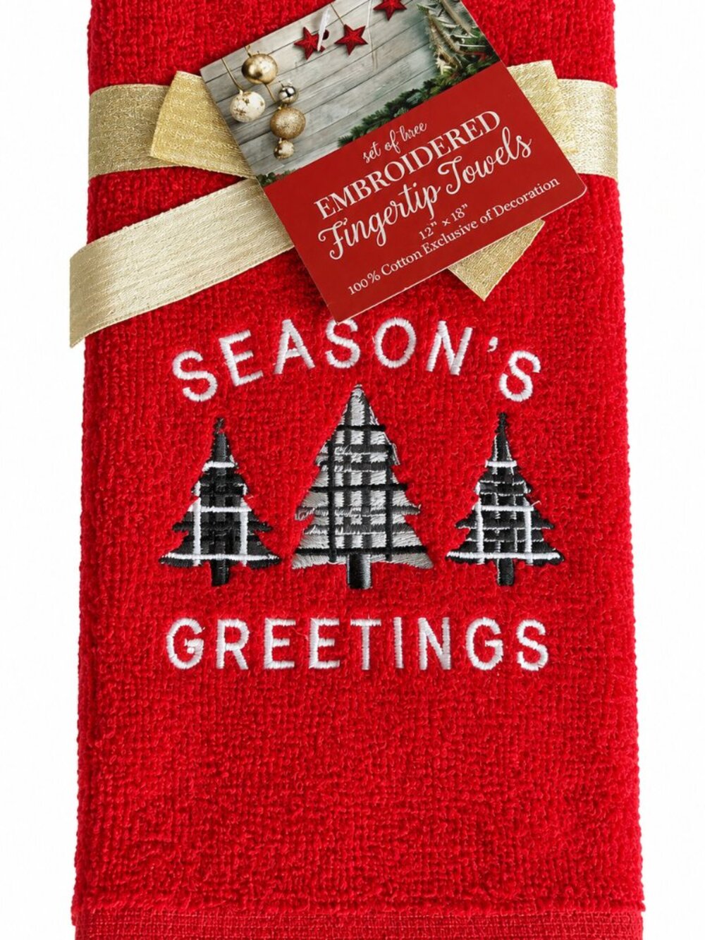Christmas Fingertip Towels Seasons Greetings Embroidered Holiday Red Set of 2